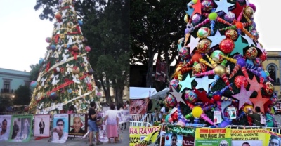 Adornaron un árbol de Navidad con fotos de padres deudores