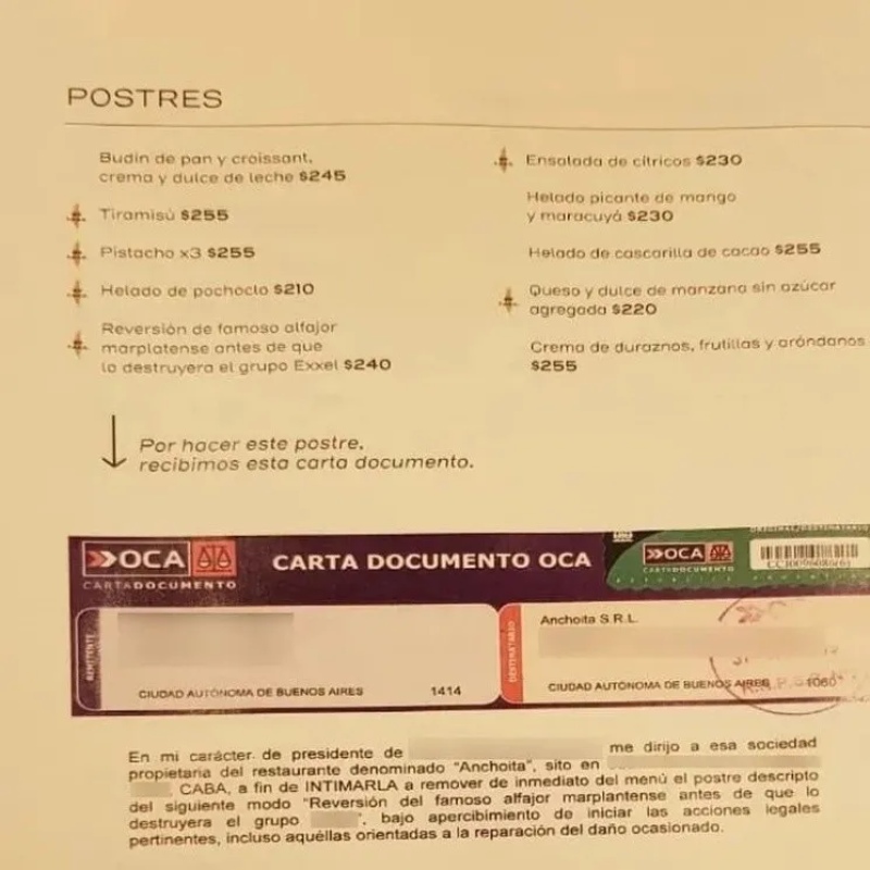 El postre que les costó una carta documento