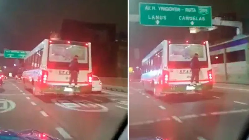 Viajó colgado del bondi y lo filmaron