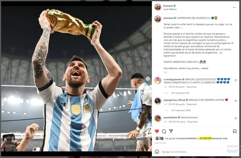 La foto de Messi con la Copa del Mundo rompió el récord en Instagram y superó a la del huevo