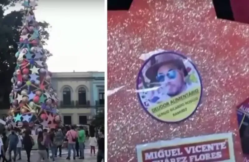 Adornaron un árbol de Navidad con fotos de padres deudores