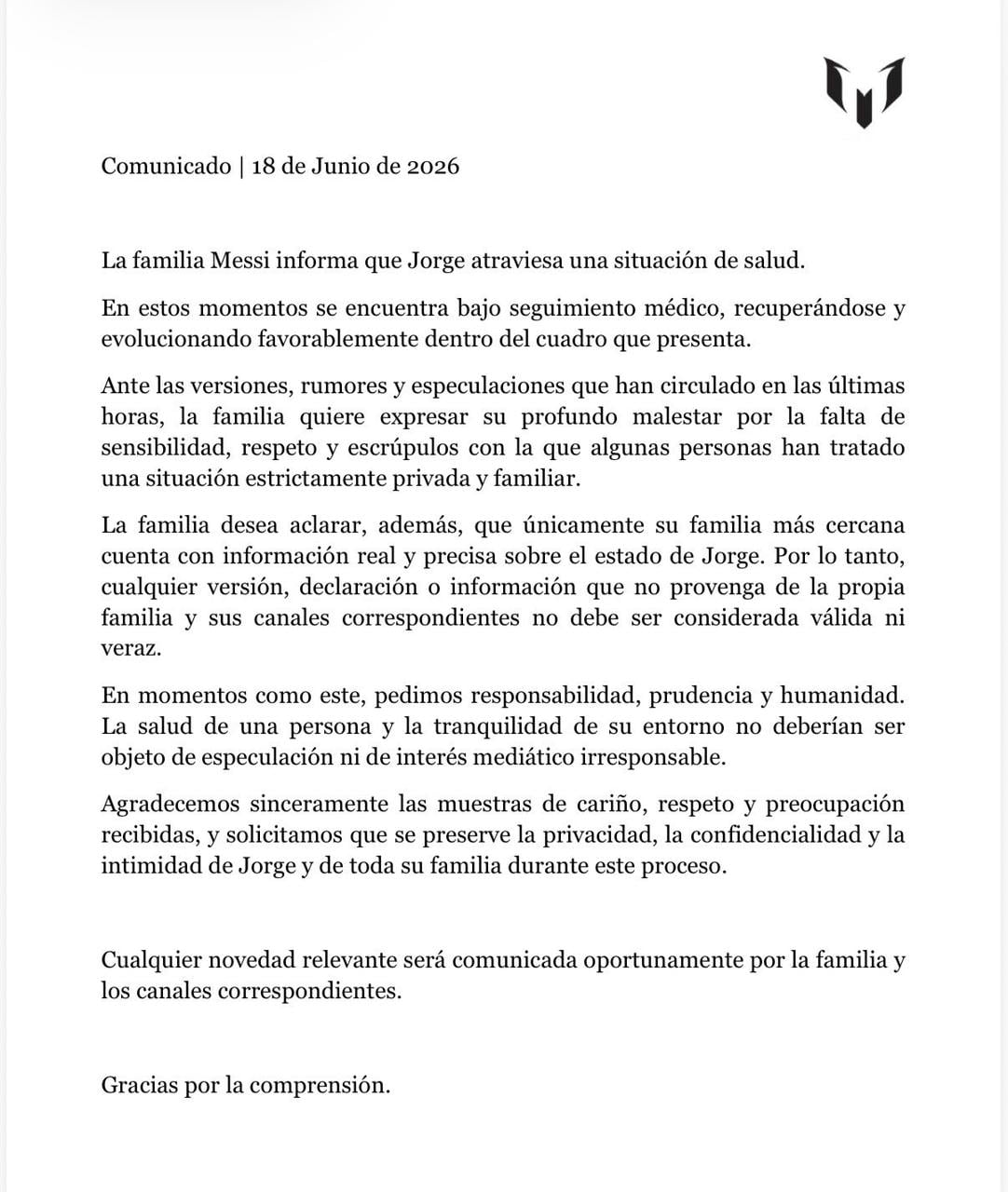 Comunicado oficial de la familia por la salud de Jorge Messi