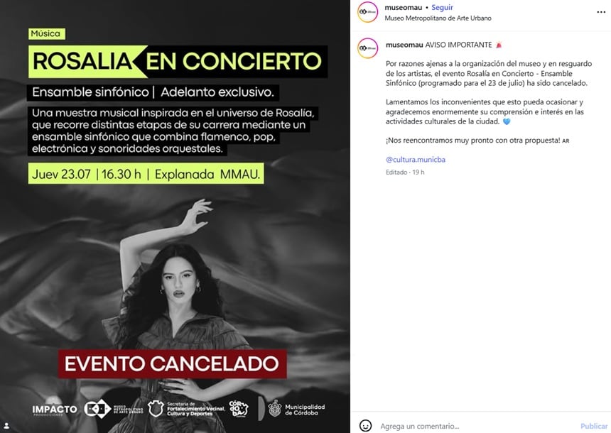 Suspendieron el tributo a Rosalía en Córdoba (Foto: Captura Instagram/@museomau)