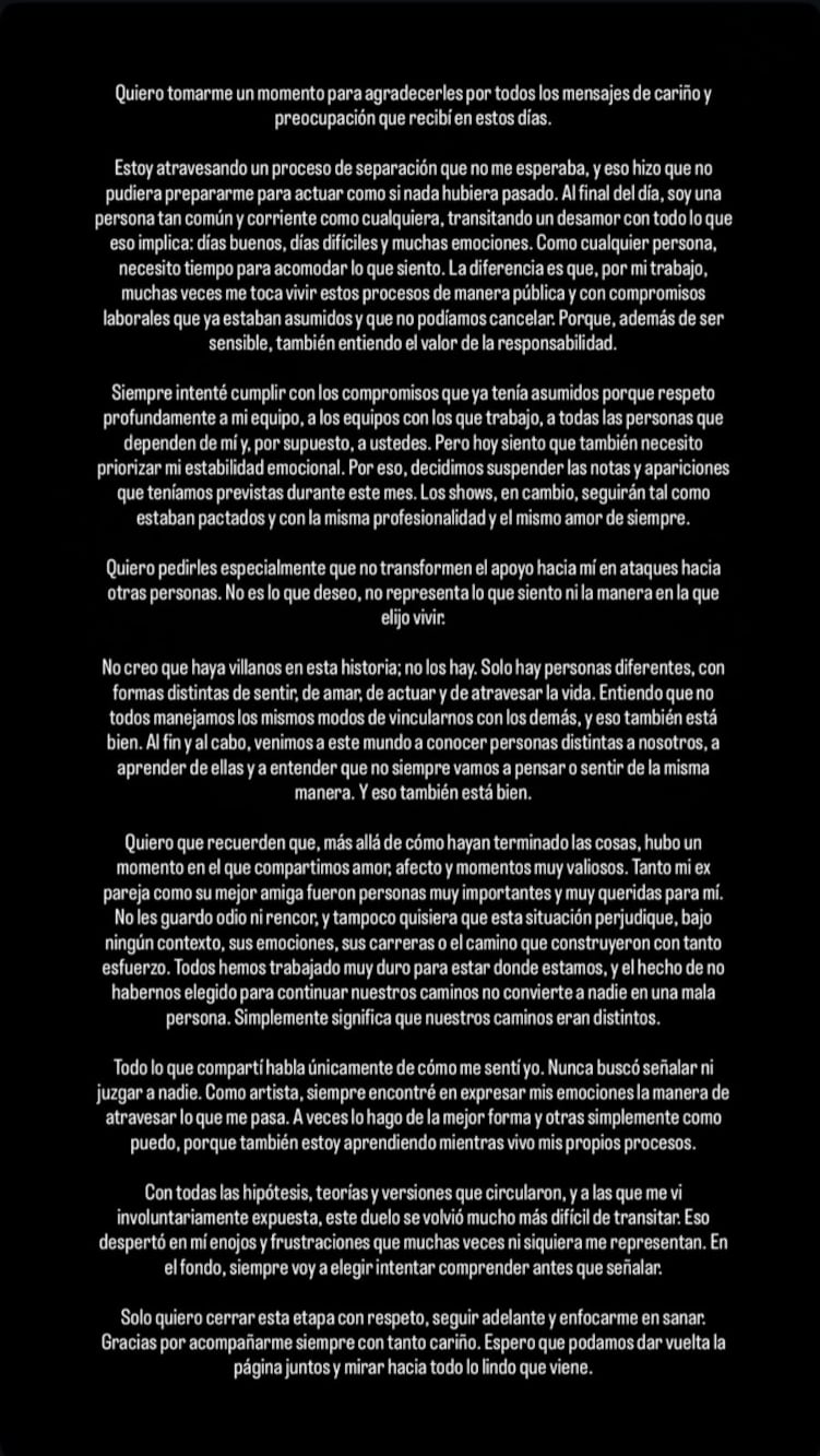 A trav&eacute;s de sus historias de Instagram, La Joaqui public&oacute; un extenso mensaje en el que agradeci&oacute; el apoyo de sus seguidores, habl&oacute; del duelo por su separaci&oacute;n y pidi&oacute; que no haya ataques hacia otras personas